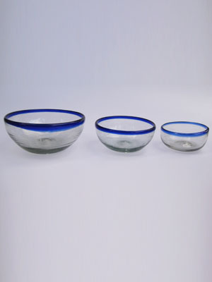 MEXICAN GLASSWARE / Cobalt Blue Rim Three Sizes Snack Bowls (set of 3) / Large, medium & small cobalt blue rim snack bowls. Great for serving peanuts, chips or pretzels in stylish fashion. 